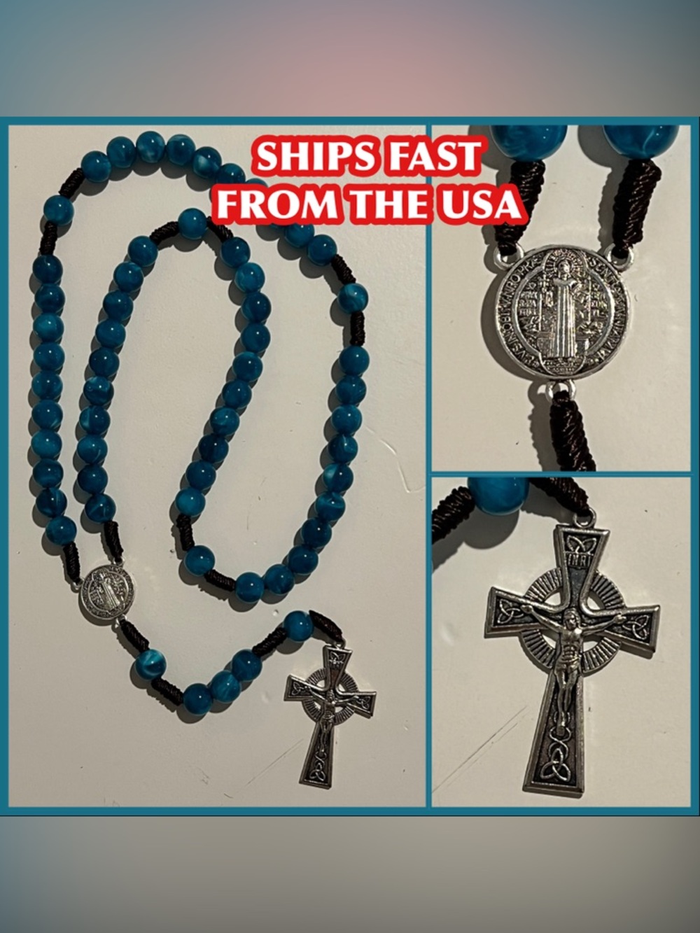 Rosary Beads Necklace Crucifix - Turquoise
